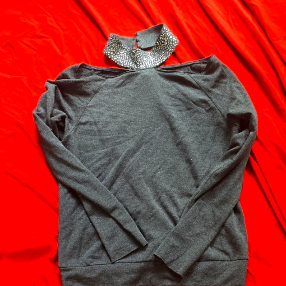 Bailey 44 Gray Embellished Sweatshirt with Peter Pan Collar